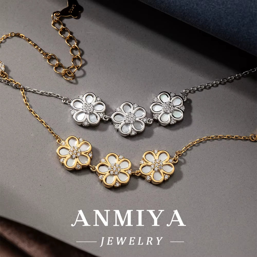 ANMIYA Delicate Flower Charm Bracelet 925 Sterling Silver Fashion CZ 18K Gold Bracelet for Women Party Fine Jewelry