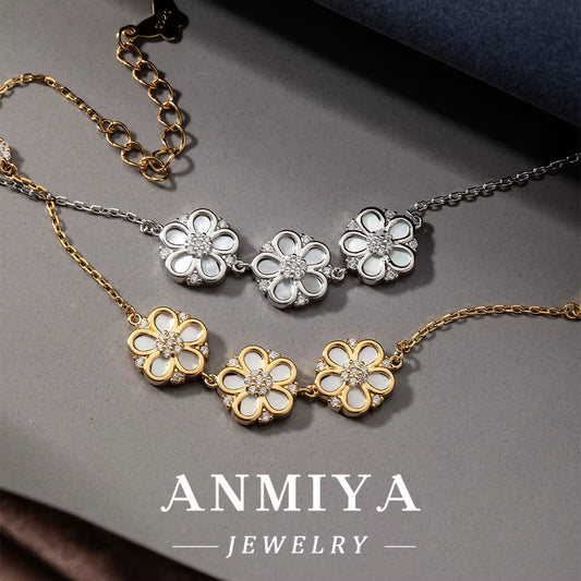 ANMIYA Delicate Flower Charm Bracelet 925 Sterling Silver Fashion CZ 18K Gold Bracelet for Women Party Fine Jewelry