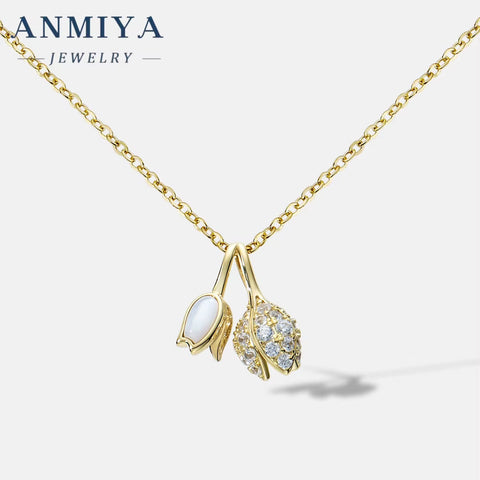ANMIYA New 925 Sterling Silver Cute 18K Gold Plated Rose Flower Pendant Women'S Necklace Jewelry