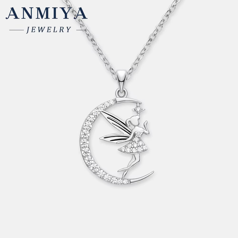 925 Sterling Silver Unisex Friendship Pendant Trendy Fashion Jewelry Necklace Zircon Iced Elfin Fairy Moon Angel Necklace