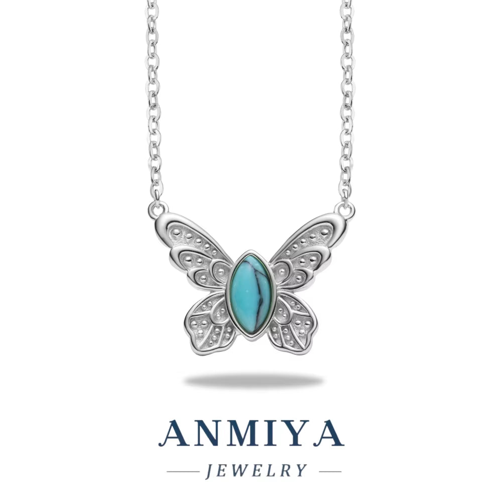 ANMIYA Women'S Trendy 925 Sterling Silver Butterfly Necklace 18K Gold Link Chain with Zircon and Turquoise Stone