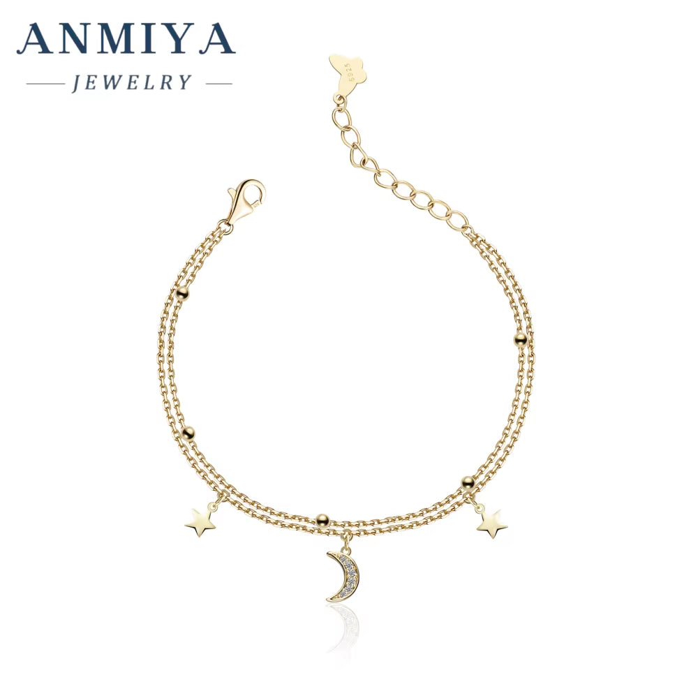 ANMIYA Double Chain Gold Plated Sterling 925 Silver Designer Bracelets Star and Moon Hand Chain for Women Femmes