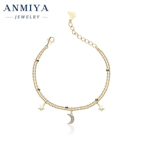 ANMIYA Double Chain Gold Plated Sterling 925 Silver Designer Bracelets Star and Moon Hand Chain for Women Femmes