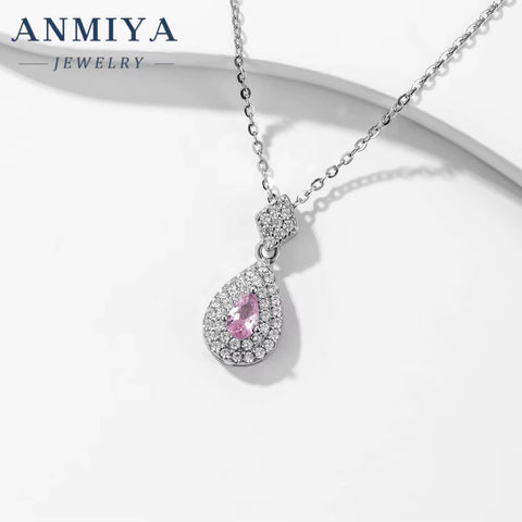 ANMIYA Pink Flower Ice Cut Zircon INS Trendy Fashion Crafted 925 Sterling Silver Necklaces for Women