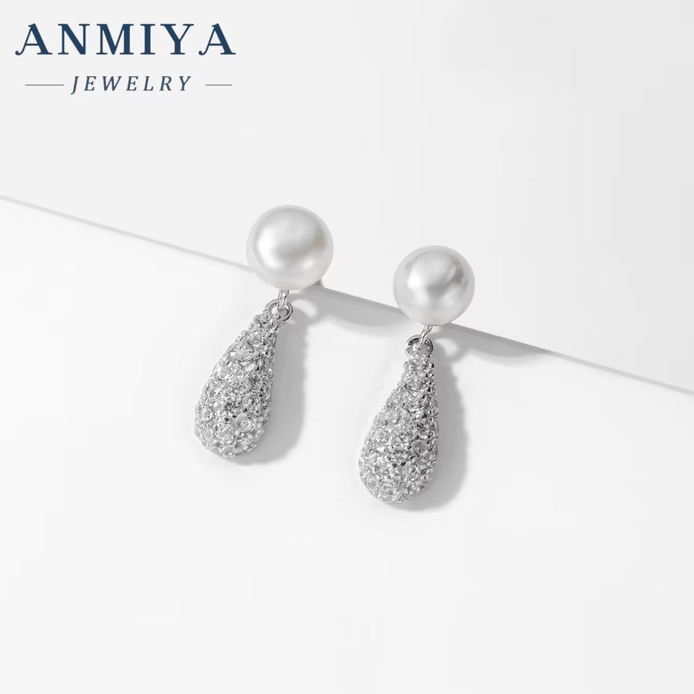 Women Fine Jewelry 925 Sterling Silver Earrings Fresh Water Pearl Zircon Drop Shape Ear Earrings Waterproof