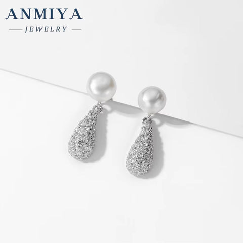 Women Fine Jewelry 925 Sterling Silver Earrings Fresh Water Pearl Zircon Drop Shape Ear Earrings Waterproof