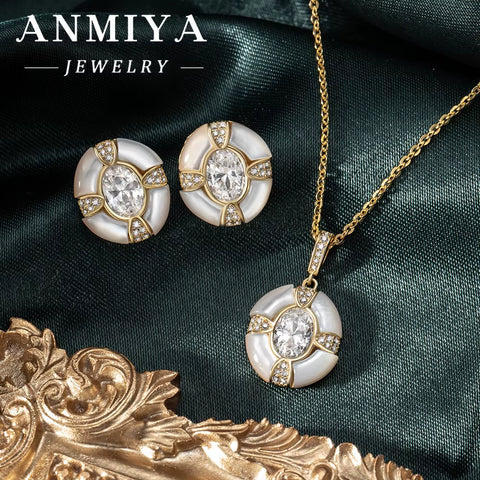 Minimalist Circle Design 18K Gold Plated Silver 925 Jewelry Set with Jade Accents and Geometric Zircon Inlay for Gifts