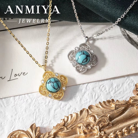 Best Selling 925 Sterling Silver Clover Necklace Inoxidable Chain Turquoise Stone Chain Necklace for Women