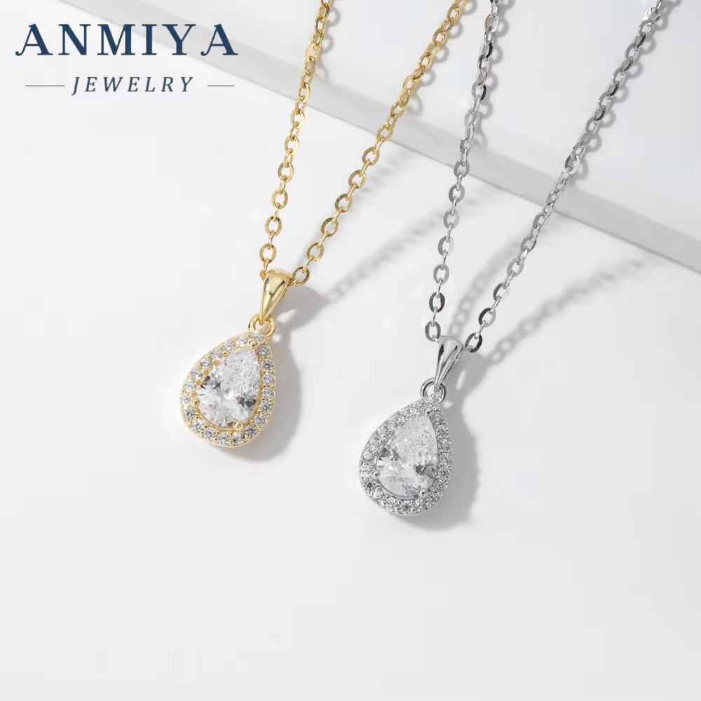 ANMIYA Classic 925 Sterling Silver Water Drop Pendant 5A Cubic Zircon Chain Necklace for Girl Fine Jewelry Set