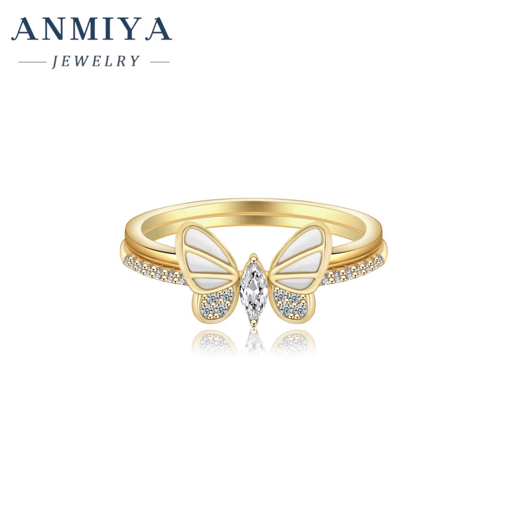 ANMIYA Promise Engagement 925 Silver Double Layer Butterfly Removable Rings Beat Gift for Wedding Rings Couple Set