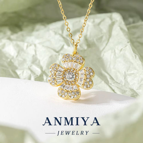 ANMIYA 925 Silver Gold-Plated Flower Pendant with Sparkling Zircon Bridal Jewellery with Certificate