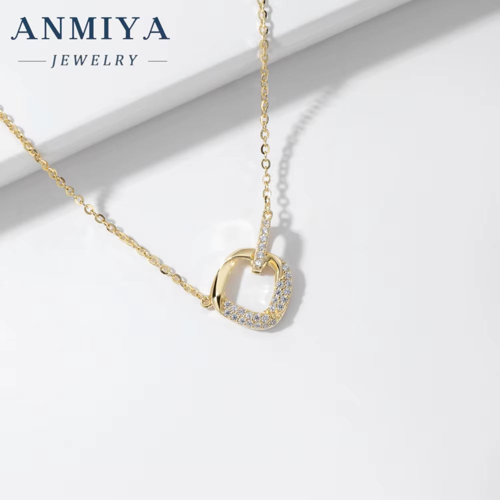 ANMIYA Geometric Square Hollow Zircon Stone 925 Silver Shine Sterling Silver 18K Gold Fashion Jewelry Girls Necklaces