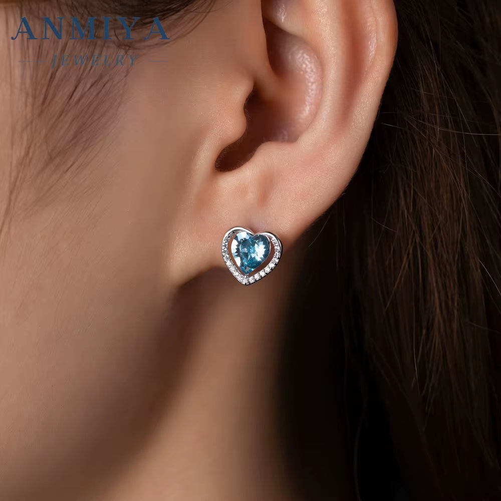 ANMIYA Delicate 2 Set Sapphire Heart Earrings Sparkling Cubic Zirconia CZ Blue Ocean Heart Necklace Jewelry Set