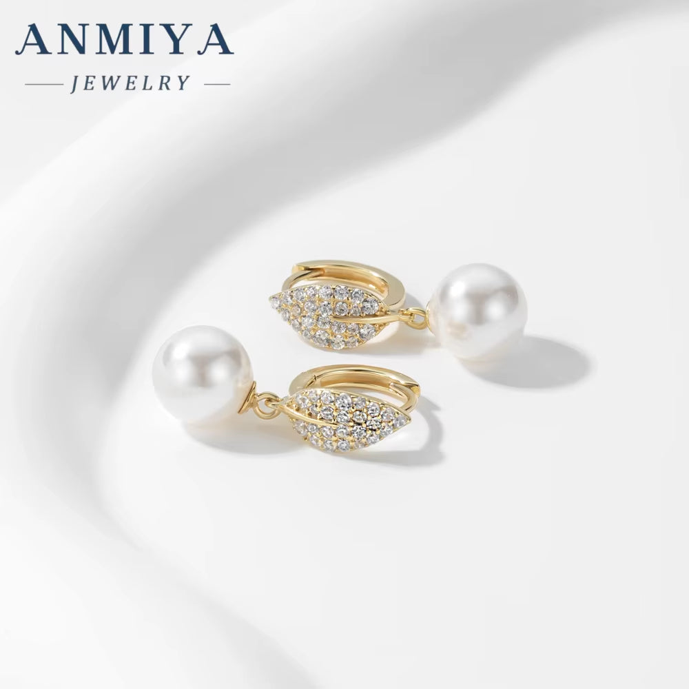 ANMIYA Dainty Gold Plated Hypoallergenic Zircon Leaf Stud Pearl Earrings Fashion Jewelry Gift 925 Silver for Women