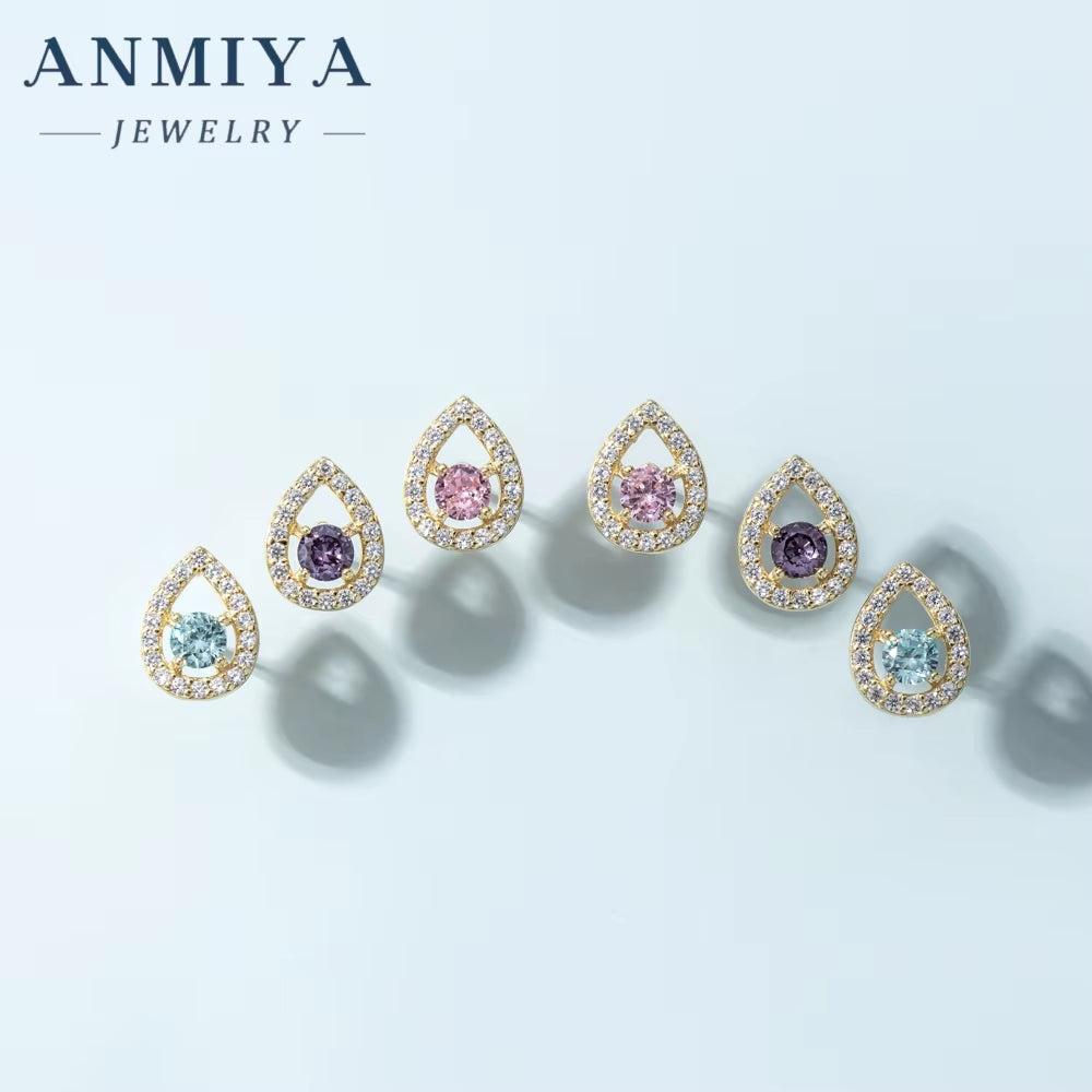 ANMIYA Custom 3Pcs Set S925 Sterling Silver Purple Zircon CZ Stone Geometric Water Drop Heart-Shaped Zircon Stud Earrings Set