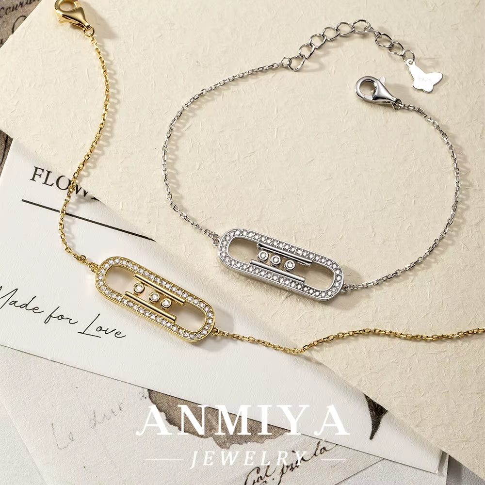 ANMIYA 925 Sterling Silver Bracelet Elegant Sliding Oval Design Sparkling Zircon Stones Perfect Necklace for Women