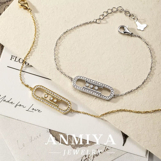 ANMIYA 925 Sterling Silver Bracelet Elegant Sliding Oval Design Sparkling Zircon Stones Perfect Necklace for Women