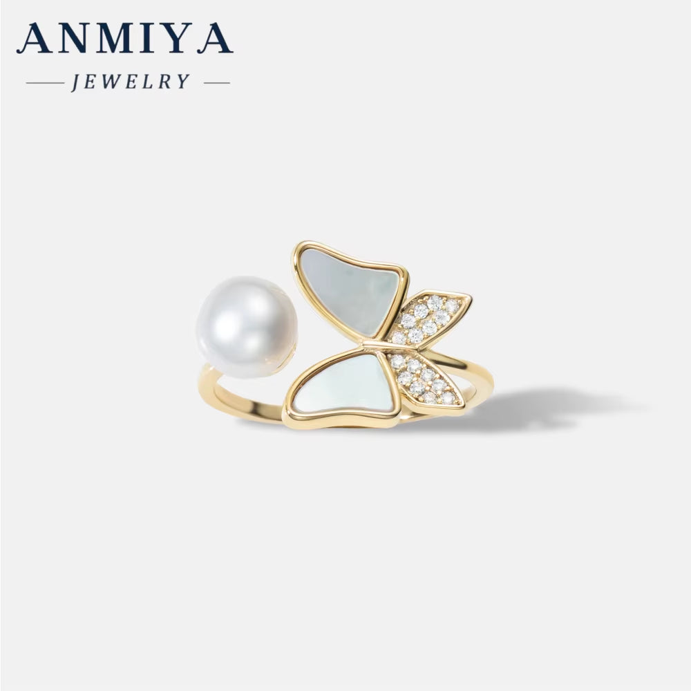 High Quality 925 Sterling Silver Pearl Flower Butterfly Ring New Trendy 18K Gold Plated Women'S Ring Anniversary Gift