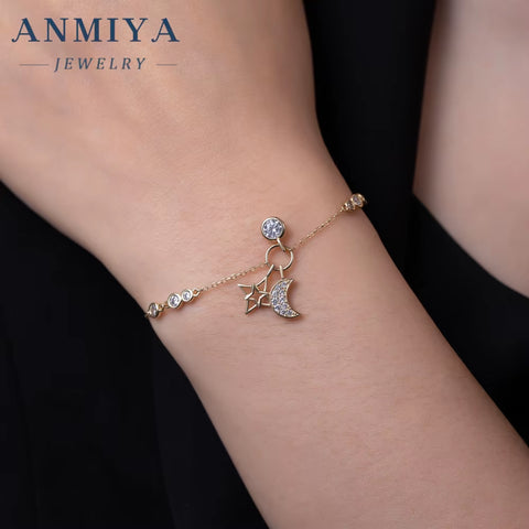 ANMIYA 925 Sterling Silver Moon Star Zircon Hand Chain Bracelet Trendy Unisex Jewelry Women Factory Wholesale Perfect Gift Idea