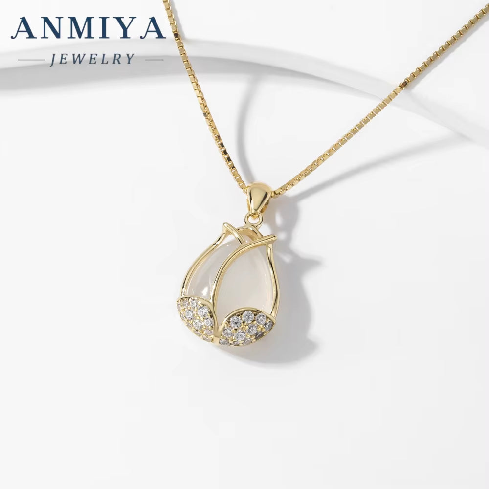 New Chalcedony Tulip Necklace Pendant Temperament Diamond 18K Gold Plated Chain Flower Necklace Birthday Gift Girl