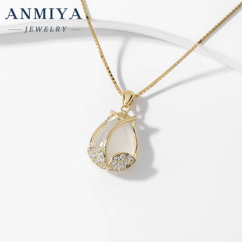New Chalcedony Tulip Necklace Pendant Temperament Diamond 18K Gold Plated Chain Flower Necklace Birthday Gift Girl
