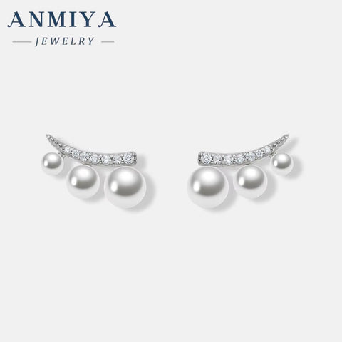 Classic 18K Gold Plated Zircon Stud Earrings Natural White Freshwater Pearls Earrings for Women Silvers Jewelry with Pearl Ear