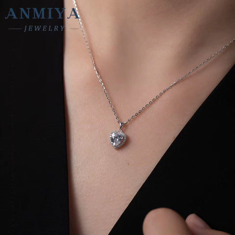 ANMIYA Simple 925 Sterling Silver Heart Zircon Pendant Jewelry European and American Women'S Love Necklace