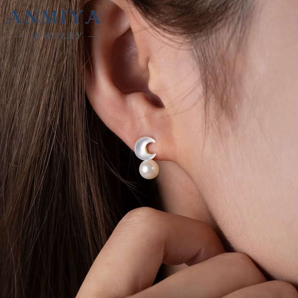New Silver Star Moon Earrings Natural High Quality Freshwater Pearl Stud Earrings Goddess Pearl Jewelry