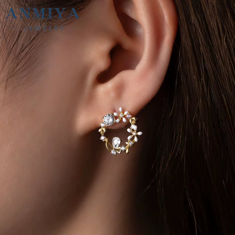 ANMIYA Custom Wholesale Flower and Zircon Garland Shape Zirconia 925 Silver Necklace Earrings Set for Women