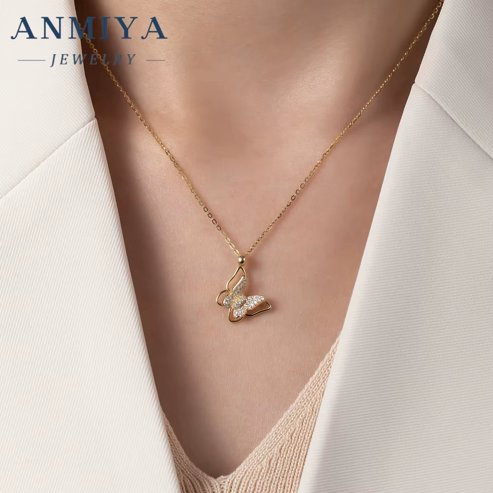 ANMIYA Luxury Fine Necklace Jewelry 925 Sterling Silver Butterfly Pendant 18K Gold Plated Necklace for Women