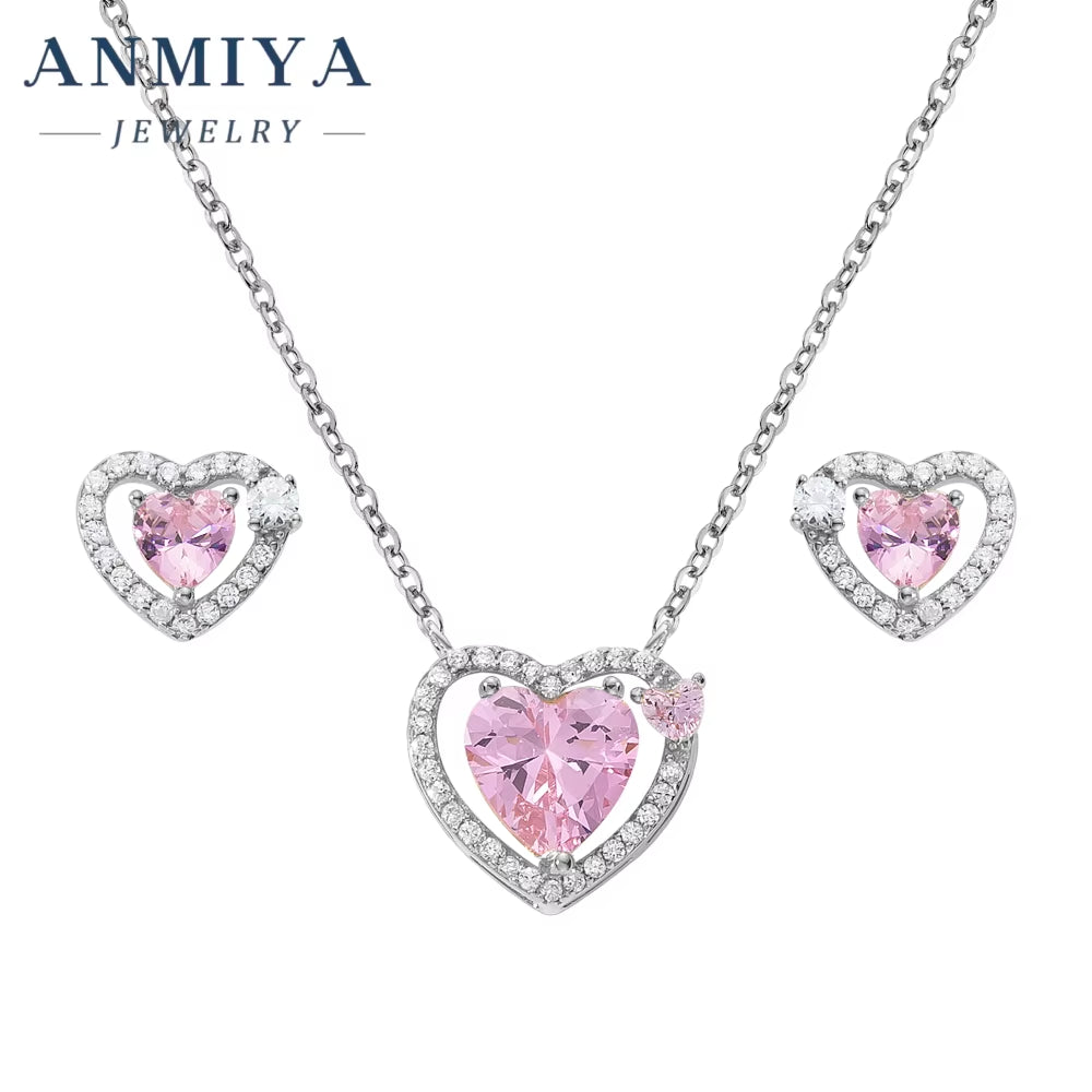 Fashion S925 Sterling Sliver Heart Pink 5A Zircon Necklace Earring Jewelry Set for Women Luxury Diamond Jewelry