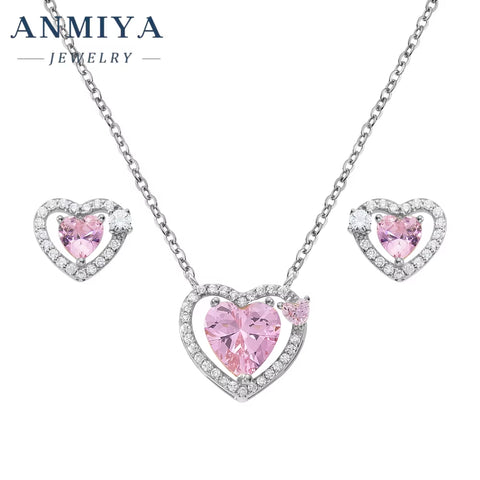 Fashion S925 Sterling Sliver Heart Pink 5A Zircon Necklace Earring Jewelry Set for Women Luxury Diamond Jewelry