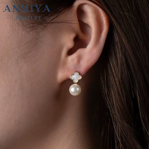 Fashion S925 Sterling Silver High-End Jewelry Women'S White Mother of Pearl Leaf Clover Earrings 18K Gold Plating Party Gift