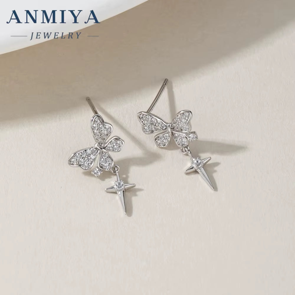 ANMIYA CZ Zircon Butterflies Earrings with Tassel 925 Silver Butterflies Pendant Earrings Gift for Daily Jewelry