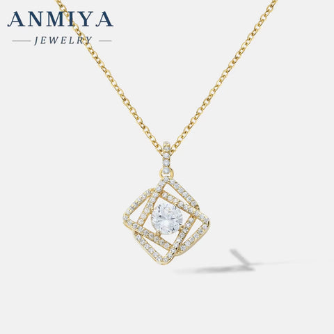ANMIYA Wholesale 925 Silver Simple Geometric Statement Necklace Hollow Diamond Zircon Square Pendant Necklace