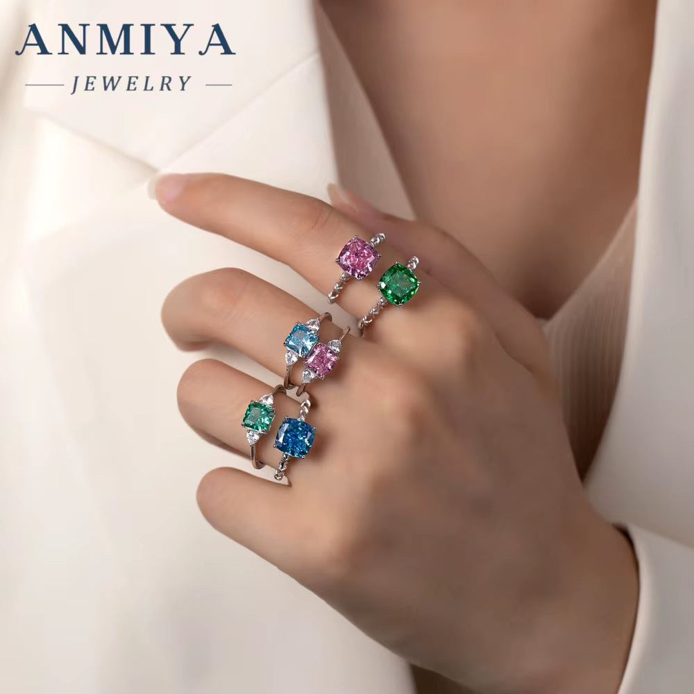 925 Sterling Silver Ring Zircon Waterproof Wedding Pink Green Blue Cubic Zirconia Silver Engagement Ring Set for Women Girls