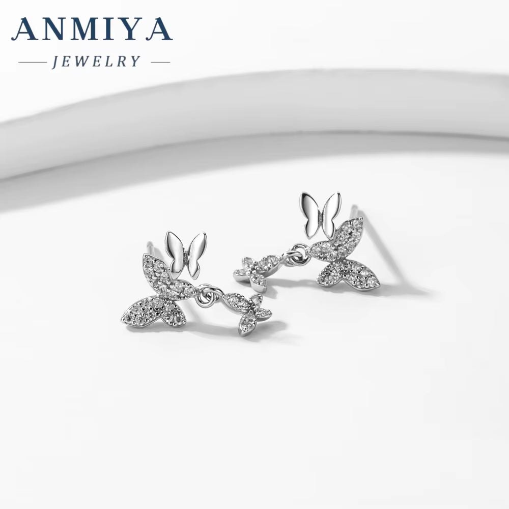 ANMIYA Minimalist Simple Zircon Butterfly Hypoallergenic 925 Sterling Silver Stud Earrings