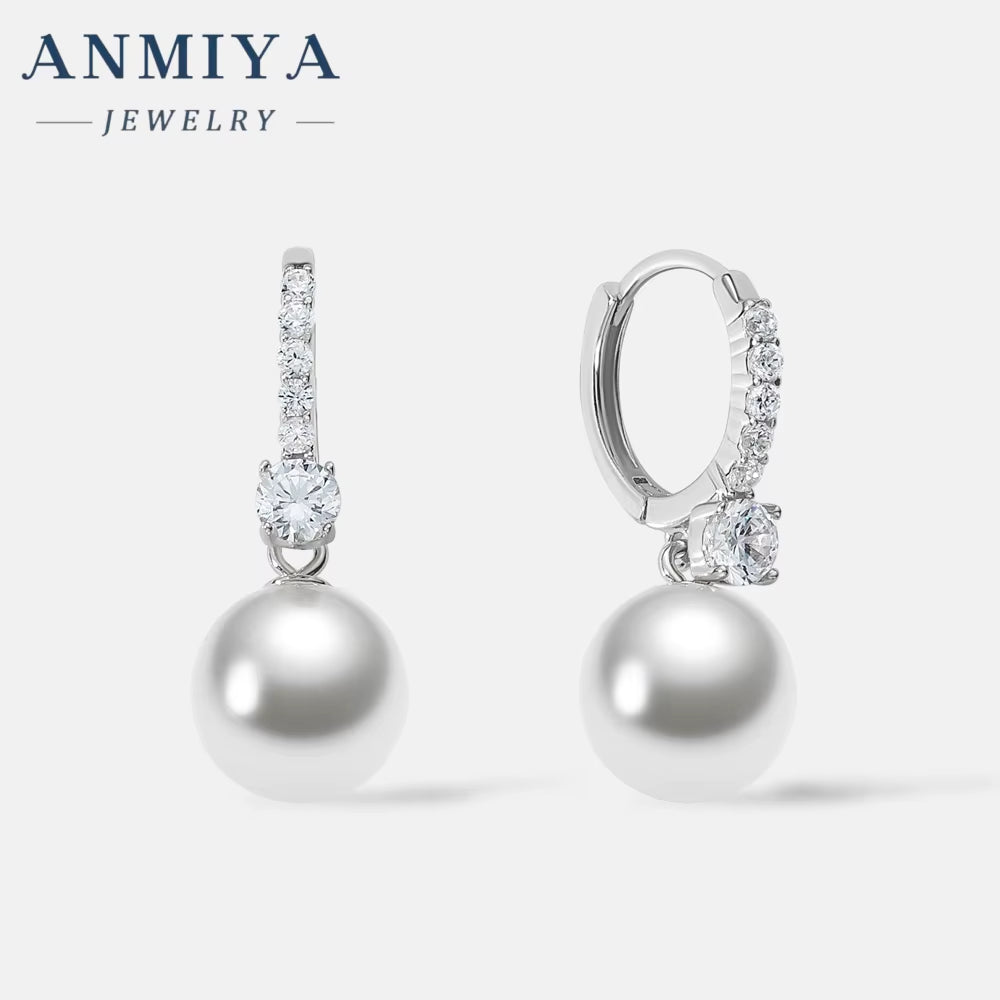 ANMIYA Korean Wedding Jewelry Gift 925 Sterling Silver Pearl Earrings Drop Pearl Hoop Earrings for Women
