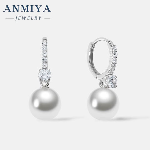 ANMIYA Korean Wedding Jewelry Gift 925 Sterling Silver Pearl Earrings Drop Pearl Hoop Earrings for Women