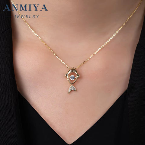 ANMIYA Custom 18K Gold Plated 925 Silver Fish Pendant with Zircon Unique Link Chain Necklace for Ladies Gift