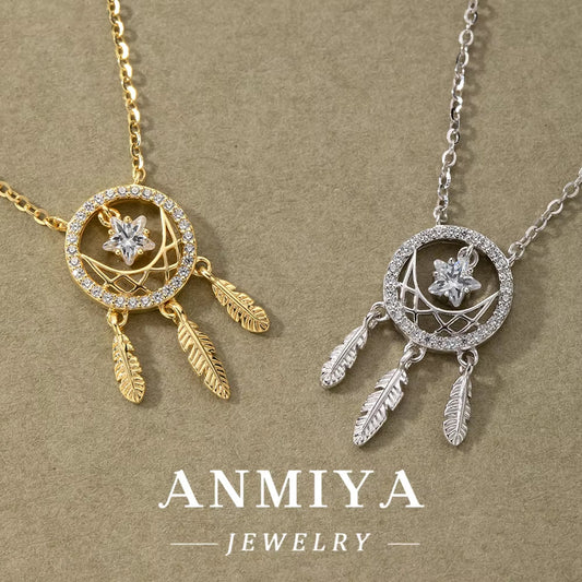 Dainty 925 Sterling Silver Micro Pave 18K Gold Plated Dreamcatcher Pendant Custom Necklace with Cubic Zirconia Link Chain