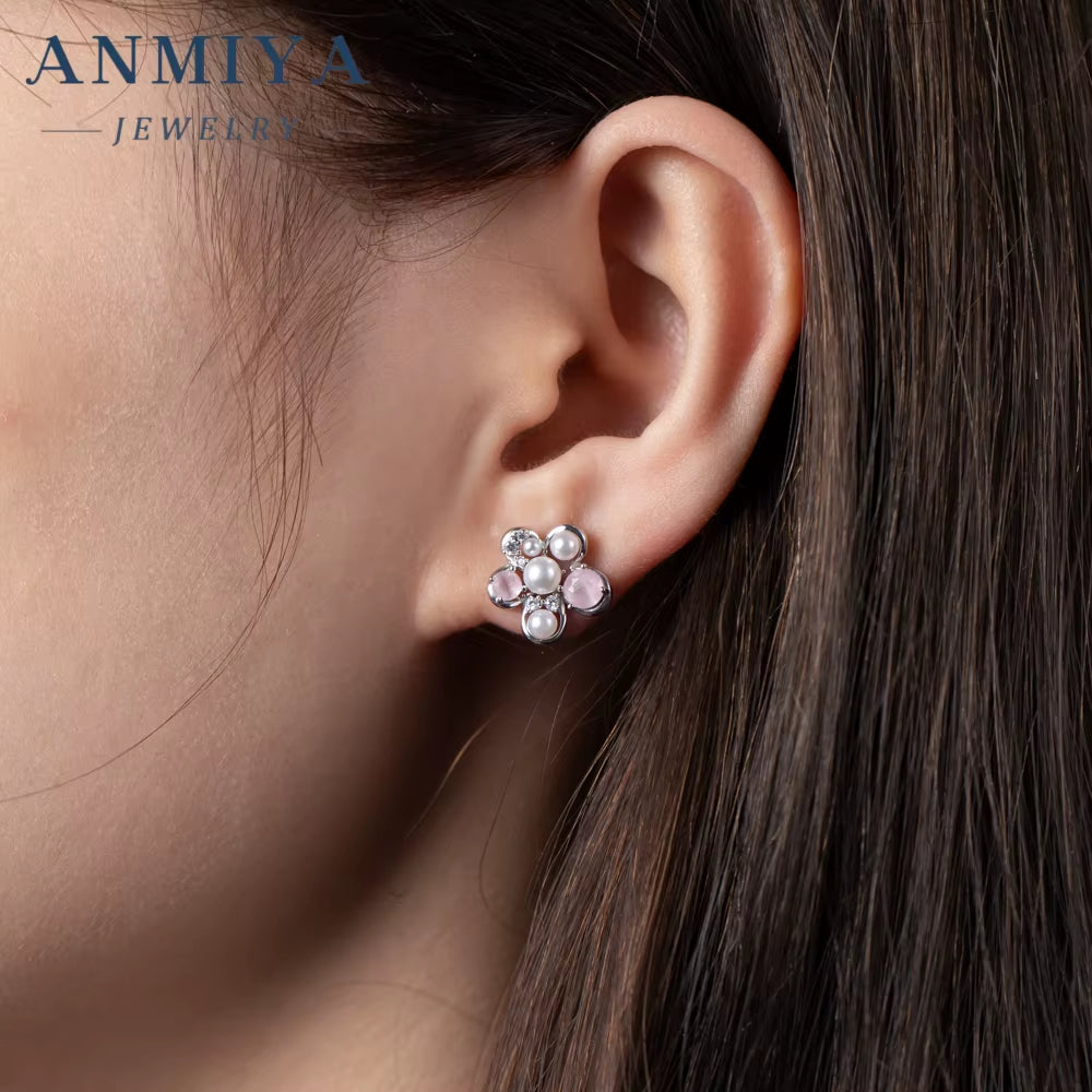 ANMIYA 925 Sterling Silver Zircon Pearl Flower Stud Earrings Cute Studs Rhodium Plated Fine Jewelry for Girl