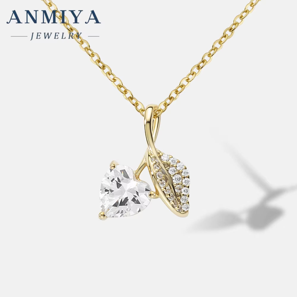 ANMIYA 18K Gold Leaf and Zircon Diamond Heart Shape 925 Silver Wholesale Unique Temperament Necklace for Women Fashion