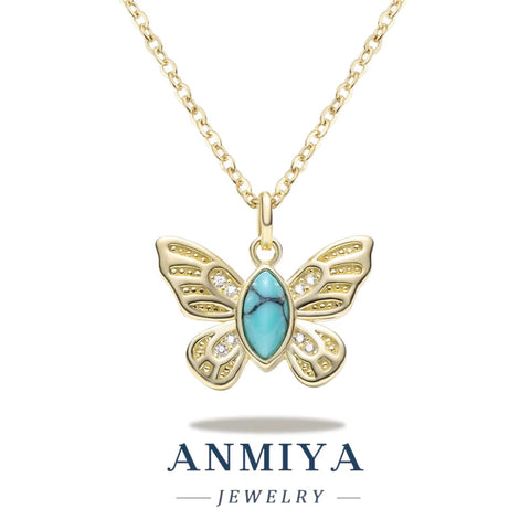 ANMIYA 925 Sterling Silver Butterfly Necklace with Turquoise Stone and Zirconia Women Necklace