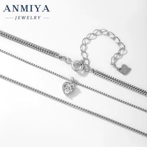 ANMIYA 18K Gold Plated Double Layer Chain Necklaces 925 Silver CZ Zircon Heart Pendant Necklaces for Mother