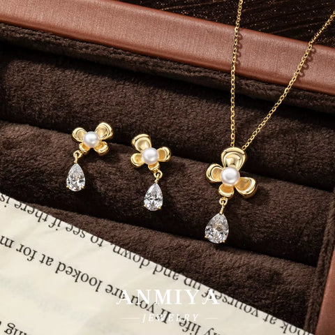 Elegant New Trendy Women'S 925 Sterling Silver Jewelry Set Zircon Gold Flower Earrings and Pearl Necklace