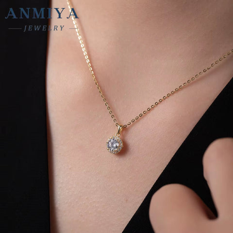ANMIYA Gemstone Pendant 925 Sterling Silver round Tiny CZ Paved Pendant Women'S Necklace Jewelry