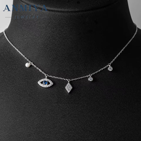 Tassels Summer Fashion Jewelry Hollow Out Zircon Evil Eye Necklace 925 Sterlings Silver Collarbone Necklace