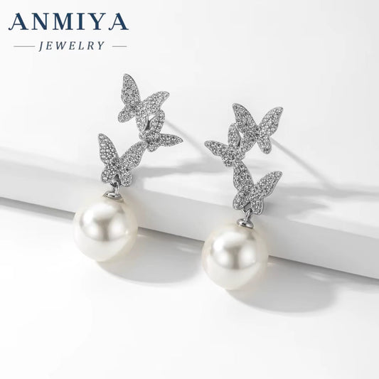 Hypoallergenic Needle French Style Vintage Pearl Butterfly Earrings Micropaved Zirconia Sparkling Hoop Earring Bridal Jewelry