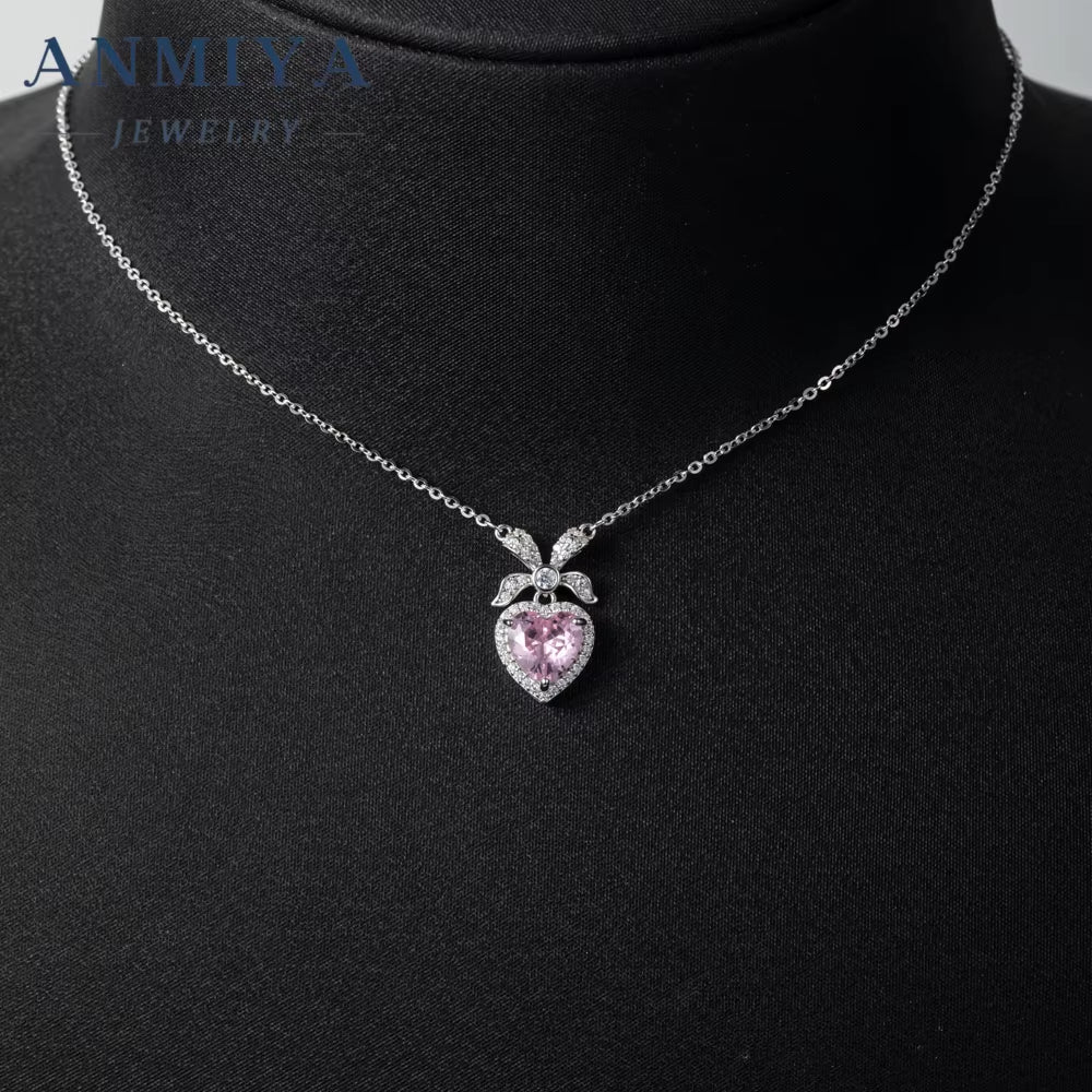 LOVE Heart Shape Pink Fashion Ins 925 Silver Ice Cut Zircon Women Necklace for Girlfriend